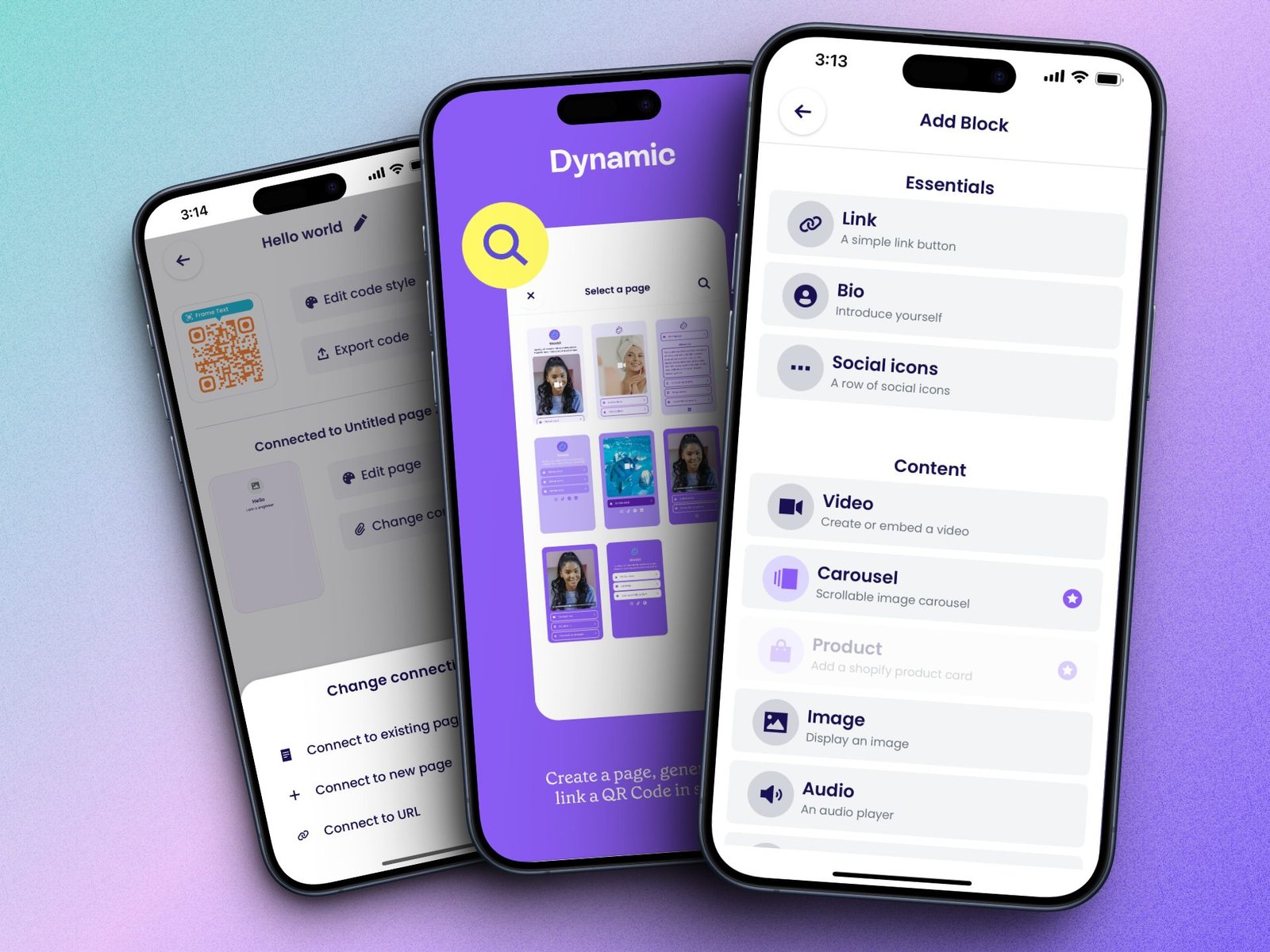 Qubio page builder on three phones, with page selection and blocks for links, bio, video, carousel, and Shopify products