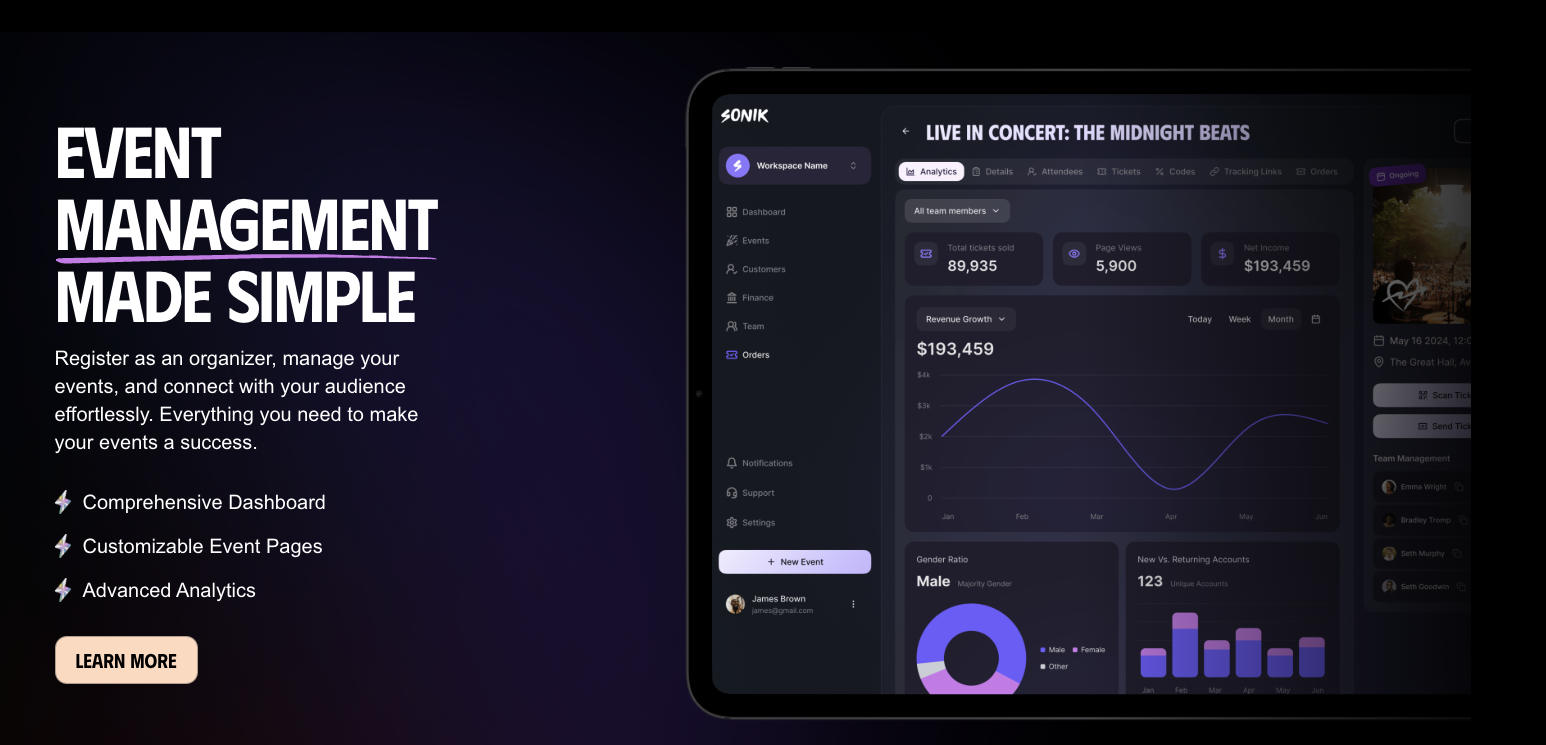 Sonik organizer dashboard for a live concert, with tickets sold, revenue, and audience analytics