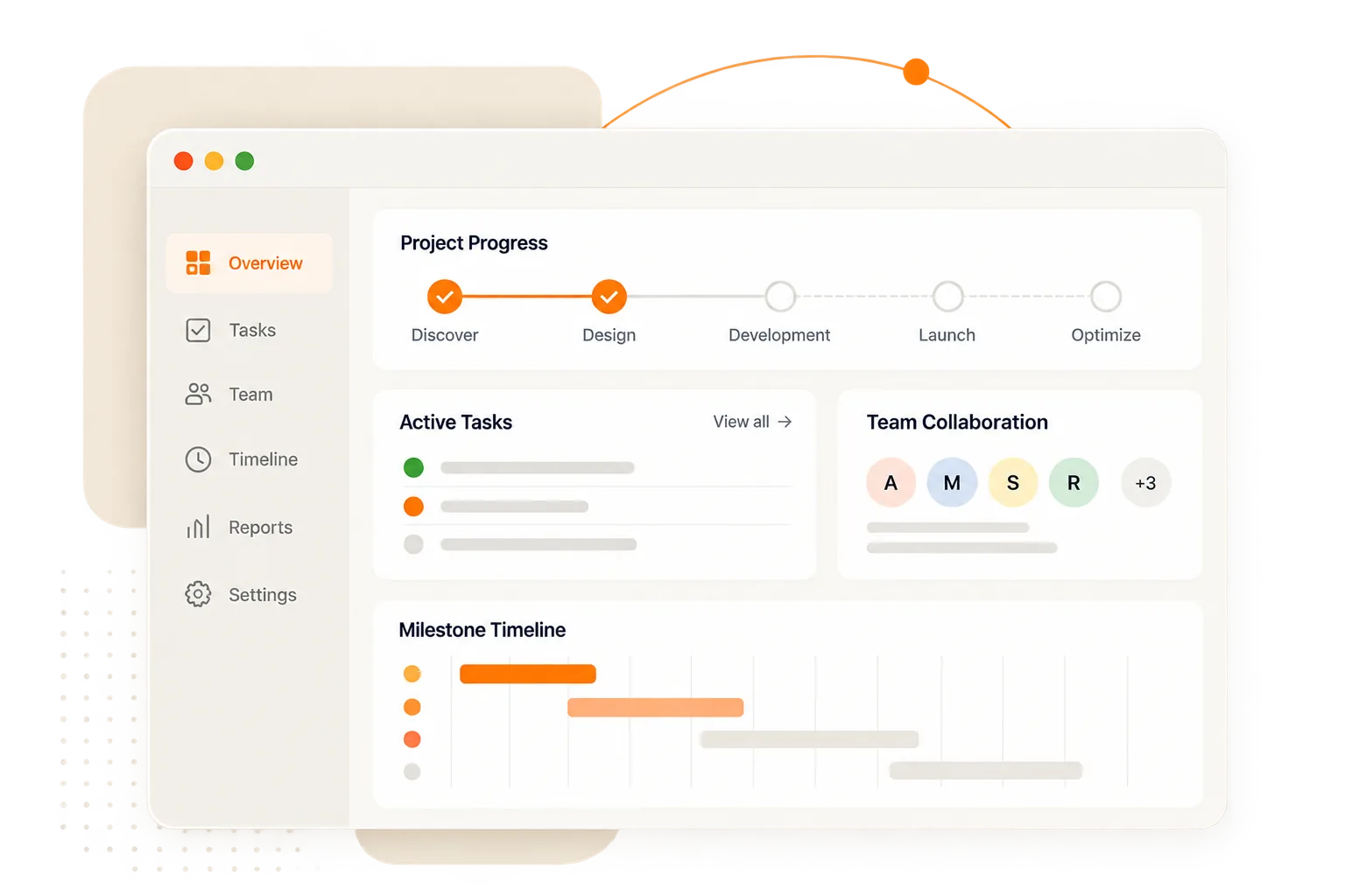 Project dashboard showing progress from discovery through launch, active tasks, and a milestone timeline